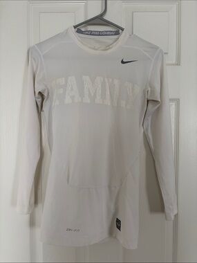 Nike White Long-Sleeve Pro Combat Compression Top with 'FAMILY' Graphic